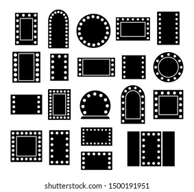 Vanity LED lighted mirrors. Rectangular & round makeup mirrors with light bulbs. Black flat icon set. Framed & frameless reflection surfaces. Isolated objects on white background