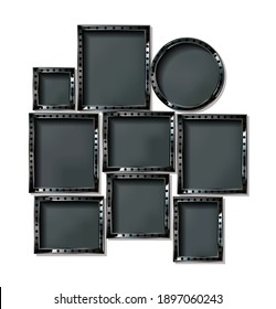 Vanity LED lighted mirrors. Rectangular round makeup mirrors with light bulbs. Black flat icon set. Framed frameless reflection surfaces. Isolated objects on white background