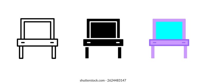 Icono del espejo de la vanidad. Mesa de maquillaje con espejo y Ilustración vectorial de cajones. Muebles utilizados en el vestido y las rutinas de belleza símbolo. Decoración del hogar y letrero interior del salón. Pictograma moderno.