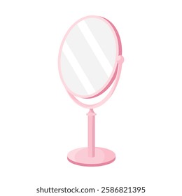 Vanity mirror set icon. A pink round makeup mirror on a stand against a blue background. Used for beauty routines, skincare, and grooming.