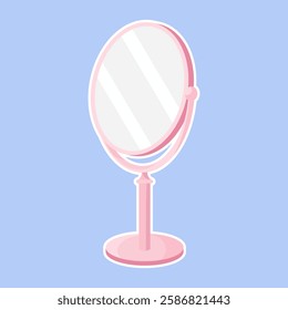 Vanity mirror set icon. A pink round makeup mirror on a stand against a blue background. Used for beauty routines, skincare, and grooming.