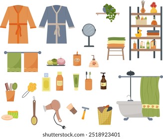  Vanity room - a set of interior items. Bathrobe and towels. Shelf with cosmetics. Bathroom with curtain. Hair dryer and mirror. Candles and fragrance, laundry detergent. Vector illustration