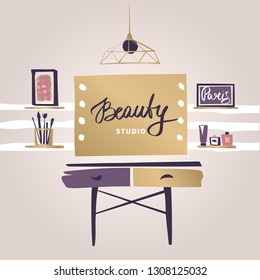 Vanity table with cosmetic mirror on wall. Female boudoir for makeup. Concept banner, poster, flyer for beauty boutique, fashion style studio, eco cosmetic shop. Makeup table. Vector illustration.