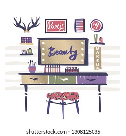 Vanity table with cosmetic mirror on wall. Female boudoir for makeup. Concept banner, poster, flyer for beauty boutique, fashion style studio, eco cosmetic shop. Makeup table. Vector illustration.