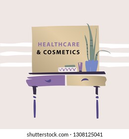 Vanity table with cosmetic mirror on wall. Female boudoir for makeup. Concept banner, poster, flyer for beauty boutique, fashion style studio, eco cosmetic shop. Makeup table. Vector illustration.