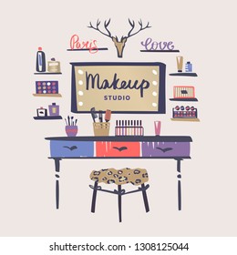 Vanity table with cosmetic mirror on wall. Female boudoir for makeup. Concept banner, poster, flyer for beauty boutique, fashion style studio, eco cosmetic shop. Makeup table. Vector illustration.