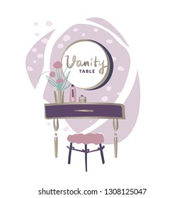 Vanity table with cosmetic mirror on wall. Female boudoir for makeup. Concept banner, poster, flyer for beauty boutique, fashion style studio, eco cosmetic shop. Makeup table. Vector illustration.