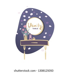 Vanity table with cosmetic mirror on wall. Female boudoir for makeup. Concept banner, poster, flyer for beauty boutique, fashion style studio, eco cosmetic shop. Makeup table. Vector illustration.