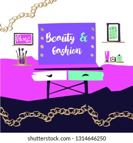 Vanity table with cosmetic mirror on wall. Female boudoir for makeup. Concept banner, poster for beauty boutique, fashion style studio, eco cosmetic shop, beauty blog. Makeup table with gold chain. 