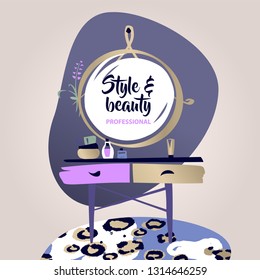 Vanity table with cosmetic mirror on wall. Female boudoir for makeup. Concept banner, poster, flyer for beauty boutique, fashion style studio, eco cosmetic shop. Style beauty makeup table. 