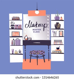 Vanity table with cosmetic mirror on wall. Female boudoir for makeup. Concept banner, poster, flyer for beauty boutique, fashion style studio, eco cosmetic shop, education master class. Makeup table.