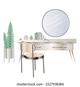 Vanity table with cosmetic mirror on wall. Female boudoir for makeup. Makeup table. Vector illustration.