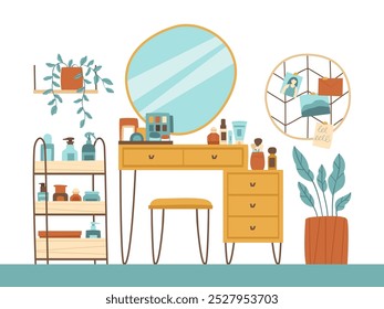 Vanity table with cosmetics in the interior. Mirror, cosmetics, vanity table, indoor flowers, pouf, shelves for cosmetics, photo frame. Flat vector illustration.