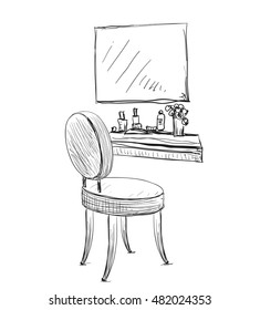 Vanity table and folding chair sketch.