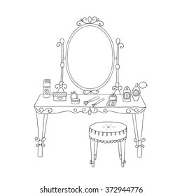 Vanity table with makeup and a chair. Vector.
