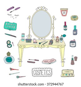 Vanity table with mirror and makeup. Vector.