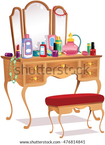 Vanity table and mirrors.