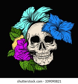Vanity of vanities Vector illustration in EPS10 format, skull with flowers on a black background in vintage style.