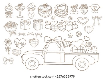 Vanlentine s day hand drawn design with vintage truck and coquette elements doodle brown color outline vector isolated on white background
