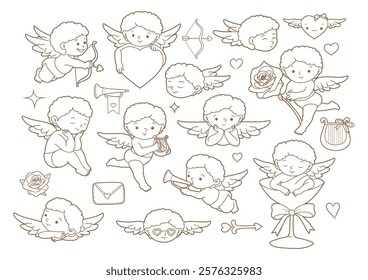 Vanlentine s day hand drawn design with vintage coquette cupid and elements doodle brown color outline vector isolated on white background