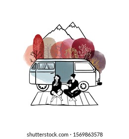 Vanlife camping illustration. Vector sketch and watercolor background