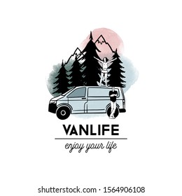 Vanlife set. Vector sketch and watercolor background