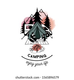 Vanlife set. Vector sketch and watercolor background