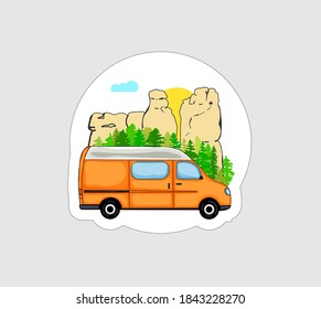 Vanlife Sticker. Orange van with forest and sandstone rock formation in the background. Living van life, camping in nature, travelling concept. Illustration. 