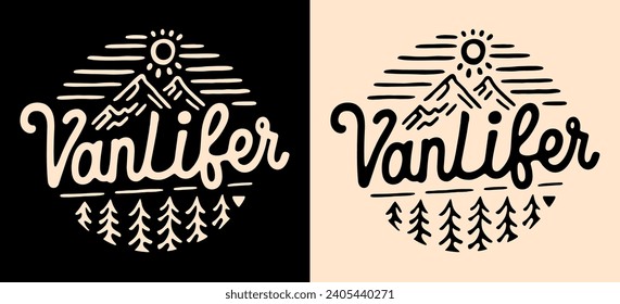 Decoración con letras de Vanlifer van life. Montañas, atardecer y paisaje forestal adorable ilustración a mano pintada estilo de vida de viaje por carretera. Texto retro vectorial minimalista para ropa y productos imprimibles.