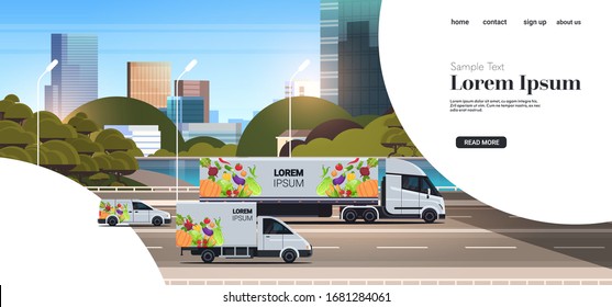 vans and semi truck trailer with organic vegetables on city highway natural vegan food delivery service vehicles with fresh veggies cityscape background horizontal copy space vector illustration