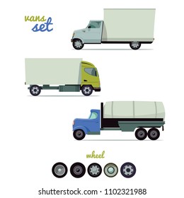 Vans set includes three objects and wheels. Vector illustration isolated on background.