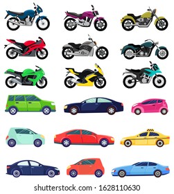 Vans and sports cars vector, isolated set of transportation. Vehicles transport of different types and shapes. Motorbike and bikes with seat, lorry. Buy new car and moto bike. Flat cartoon