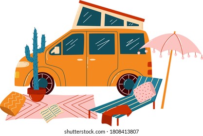 Vans trailers for summer travel, tourist camp, modern transport, tourist by car, cartoon vector illustration, isolated on white. Adventure travel in nature, outdoor vacation, comfortable ride.