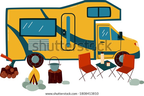 Vans trailers for summer travel, tourist camp,\
modern transport, tourist by car, cartoon vector illustration,\
isolated on white. Adventure travel in nature, outdoor vacation,\
comfortable ride.