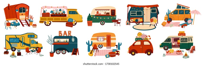Vans and trailers vehicles set of travel caravans for camper, vintage summer trucks transport for tourism and hiking vacations adventure isolated vector illustrations. Retro car vans, campsite.