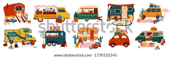 Vans and trailers vehicles set of travel\
caravans for camper, vintage summer trucks transport for tourism\
and hiking vacations adventure isolated vector illustrations. Retro\
car vans, campsite.