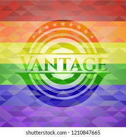 Vantage emblem on mosaic background with the colors of the LGBT flag
