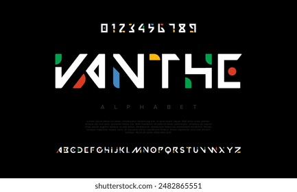 Vanthe creative geometric modern urban alphabet font. Digital abstract futuristic, fashion, sport, minimal technology typography. Simple numeric vector illustration