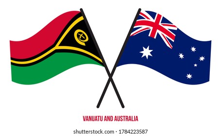Vanuatu and Australia Flags Crossed And Waving Flat Style. Official Proportion. Correct Colors.