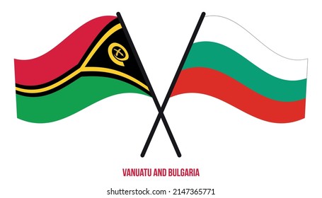 Vanuatu and Bulgaria Flags Crossed And Waving Flat Style. Official Proportion. Correct Colors.