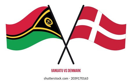 Vanuatu and Denmark Flags Crossed And Waving Flat Style. Official Proportion. Correct Colors.