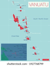 Vanuatu detailed editable map with cities and towns, geographic sites. Vector EPS-10 file