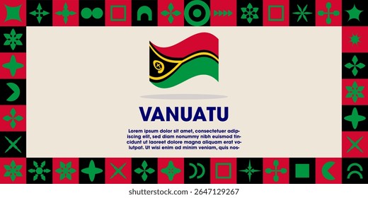 Vanuatu Flag Design banner with cultural design. Independence day design for Vanuatu celebration. Modern neo geometric retro design with flag, showcasing national pride and heritage.