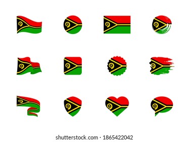 Vanuatu flag - flat collection. Flags of different shaped twelve flat icons. Vector illustration set