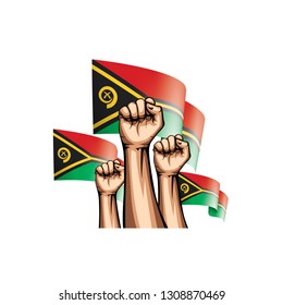 Vanuatu flag and hand on white background. Vector illustration