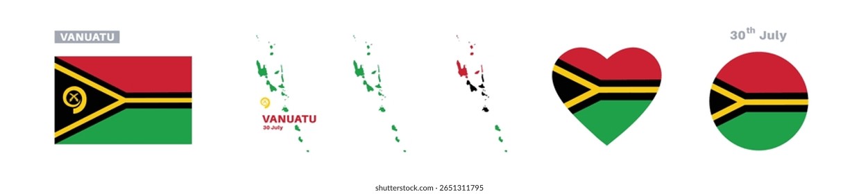  vanuatu flag and map set. vanuatu flag in official colors and proportions. independence day 30 july, map, circle and heart shaped vanuatu