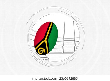 Vanuatu flag on rugby ball, lined circle rugby icon with ball in a crowded stadium. Vector sport emblem on abstract background.