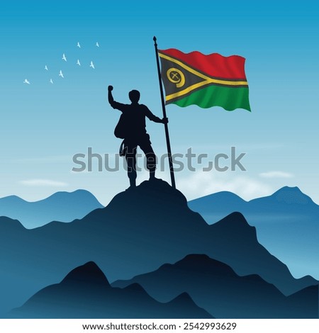 Vanuatu Flag raised on a mountain peak with clear sky in the background, vector illustration