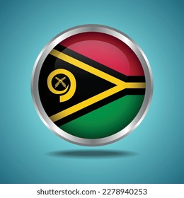 La bandera de Vanuatu. Redondo brillante. Marco plateado. Aislado en el fondo del degradado de color