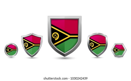 Vanuatu flag silver badges with different 3 shape shield, circle and hexagon stock vector illustration